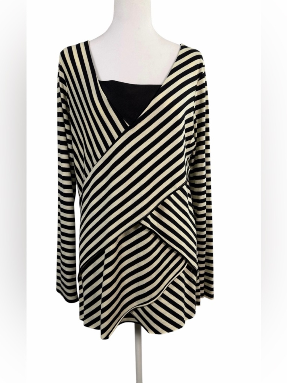 Metaphor Black & Cream Striped Faux Wrap-Style Tunic Top Size L